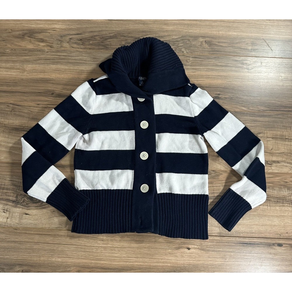 Chaps Women's Button‎ Up Sweater Size Medium Navy/ White Stripes
